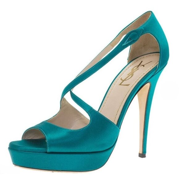 Saint Laurent Paris Turquoise Satin Tribute Cross Strap Platform Sandals Size 35 - Picture 1 of 11